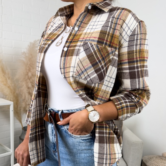 Oversized Long Sleeve Fall Flannel | Tan - Picture 2 of 7